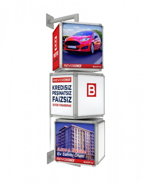 RevoBox RSD312 Işıklı 360° Dönen Tabela Duvar Tipi 3 Katlı Lightbox (Ledbox) 32x120cm