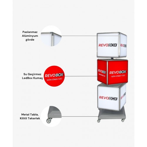 RS315 3 Katlı Dönen Tabela Lightbox Revobox RS315 3 katlı 12 yüzeyli 360 derece dönen ışıklı ledbox tabela